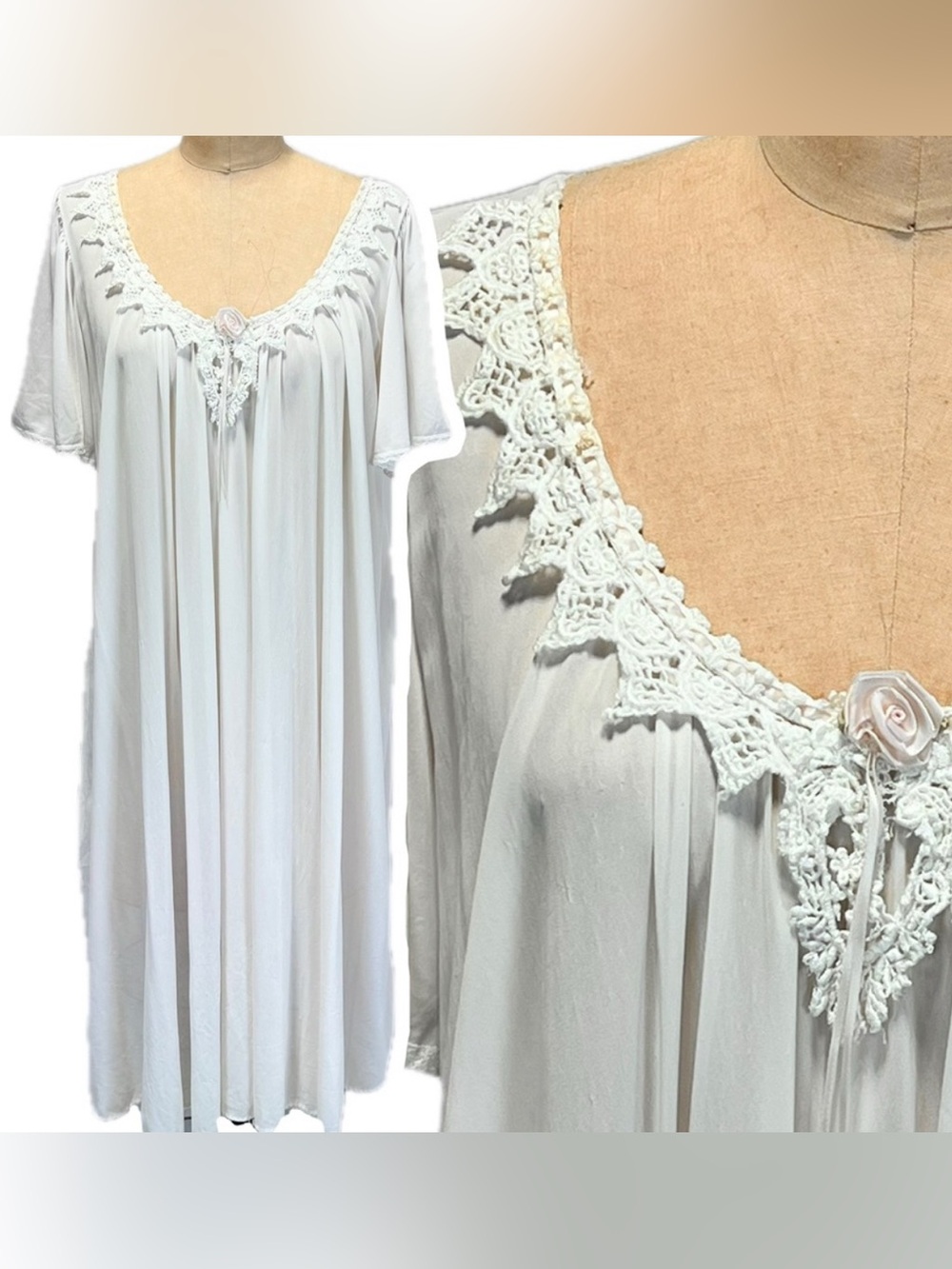 VINTAGE 80s nylon silky nightgown midi crochet floral lace‎ flutter short sleeve